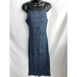 Vintage Acetate Lace Overlay Navy Blue Maxi Dress Size S/M Retro Strappy 90s